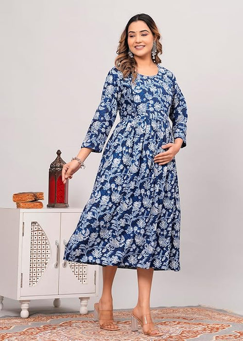 Anarkali Poly Crepe Printed Kurti for Women (Grey & Blue, M)