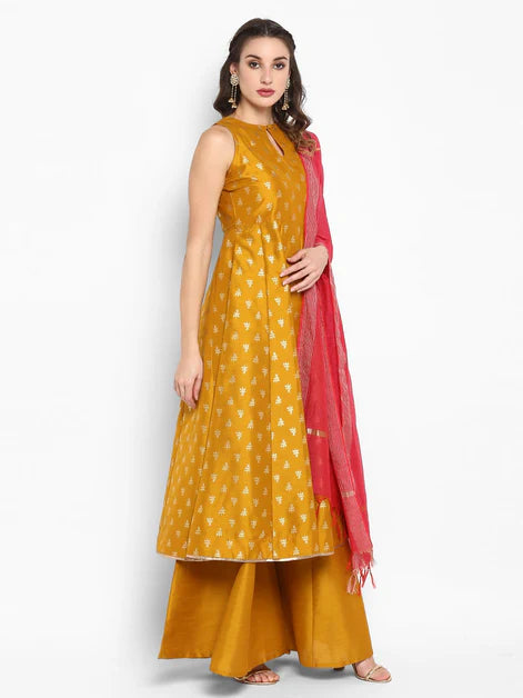 Mustard Rayon Foil Print Kurti with Palazzo