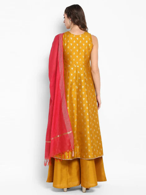 Mustard Rayon Foil Print Kurti with Palazzo