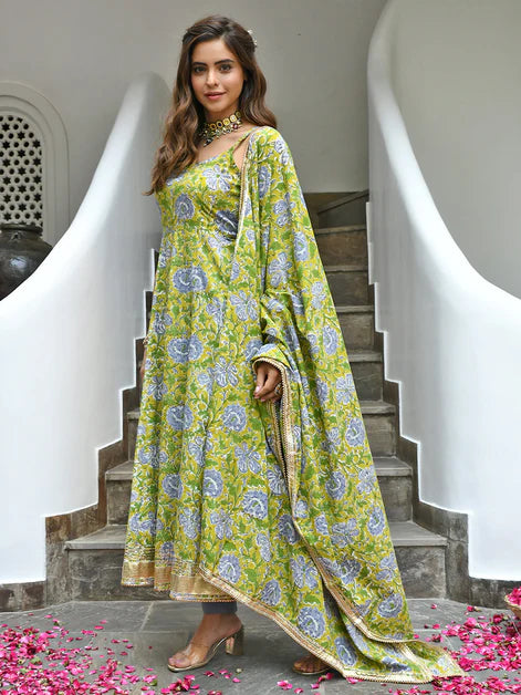 Mustard Cotton Printed Kurta with Pant and Dupatta