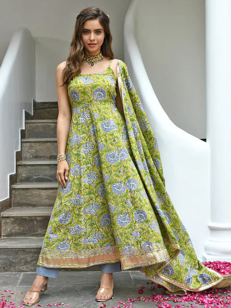 Mustard Cotton Printed Kurta with Pant and Dupatta