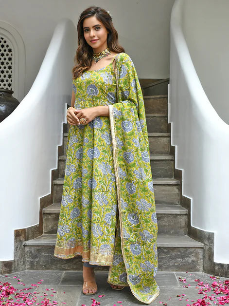 Mustard Cotton Printed Kurta with Pant and Dupatta