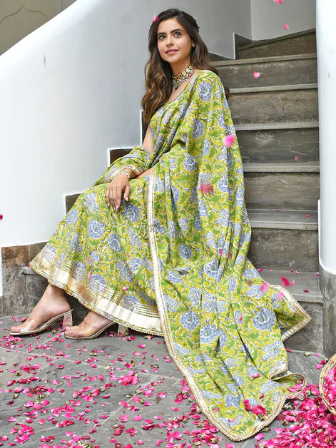 Mustard Cotton Printed Kurta with Pant and Dupatta