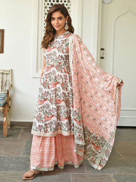 White Cotton Floral Block Print Kurta with Sharara and Dupatta