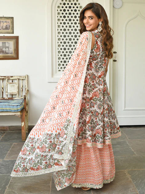 White Cotton Floral Block Print Kurta with Sharara and Dupatta