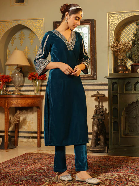 Teal Blue Velvet Embroidered Straight Kurta Set