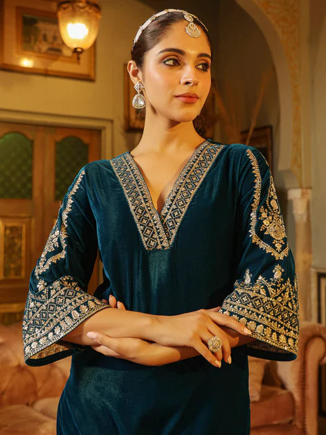 Teal Blue Velvet Embroidered Straight Kurta Set