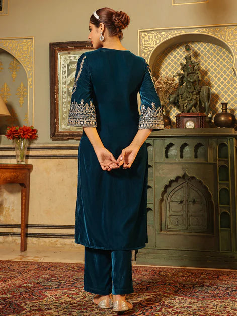 Teal Blue Velvet Embroidered Straight Kurta Set