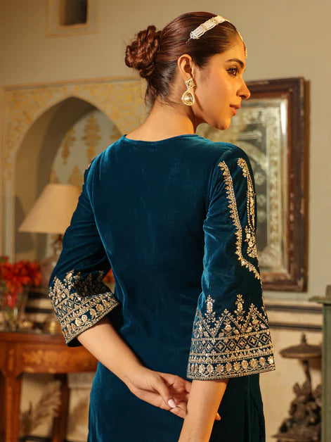 Teal Blue Velvet Embroidered Straight Kurta Set