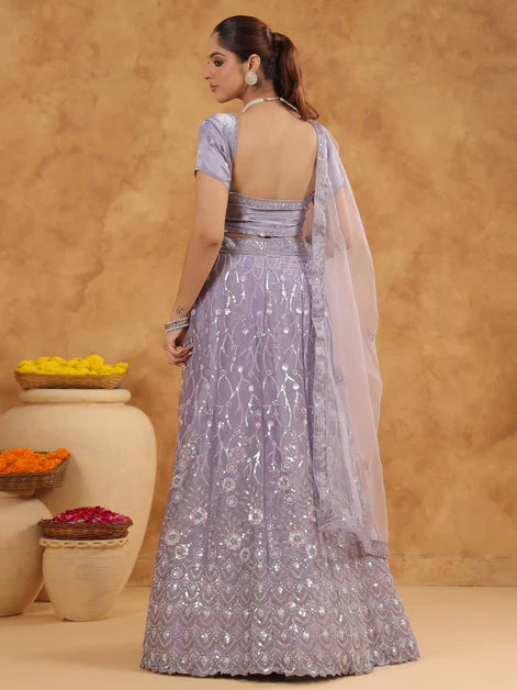 Lavender Organza Embroidered Semi-Stitched Lehenga Choli with Dupatta Set