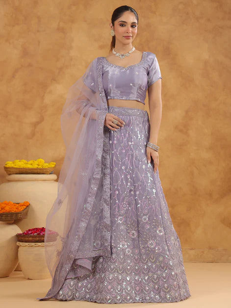 Lavender Organza Embroidered Semi-Stitched Lehenga Choli with Dupatta Set