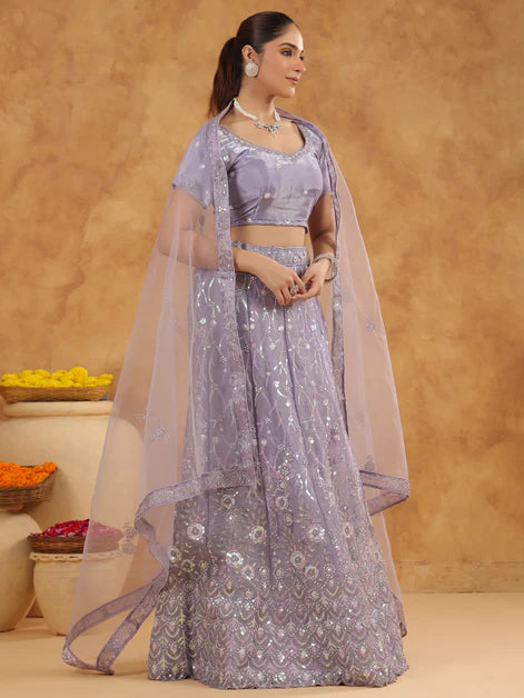 Lavender Organza Embroidered Semi-Stitched Lehenga Choli with Dupatta Set