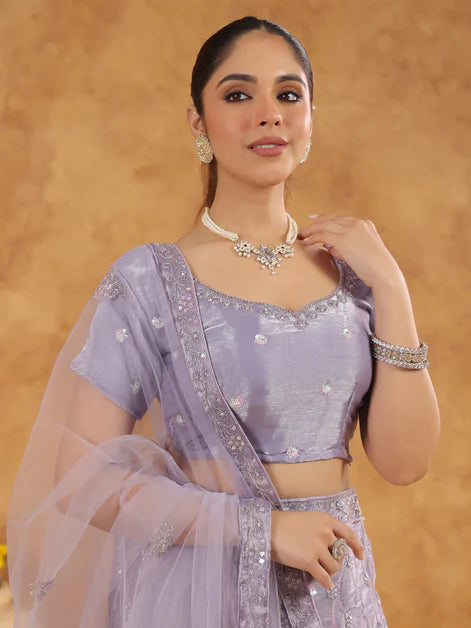 Lavender Organza Embroidered Semi-Stitched Lehenga Choli with Dupatta Set