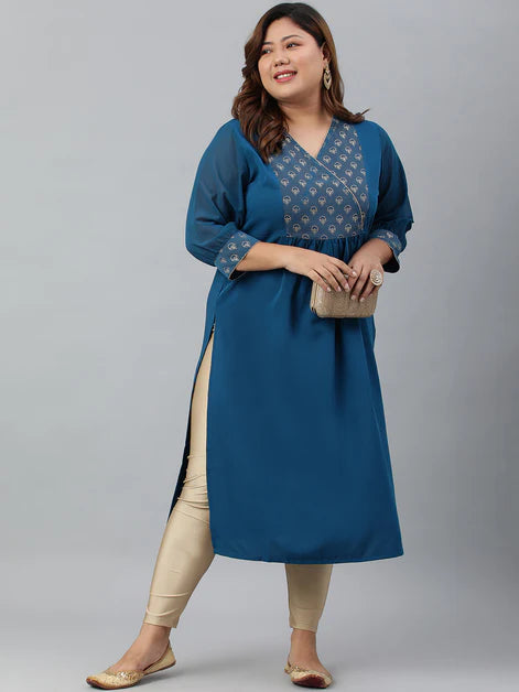 Plus Size Teal Poly Crepe Solid Straight kurta