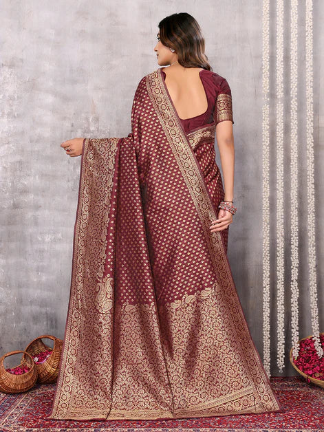 Maroon Silk Blend Ethnic Motifs Woven Design Banarasi Saree with Blouse Piece