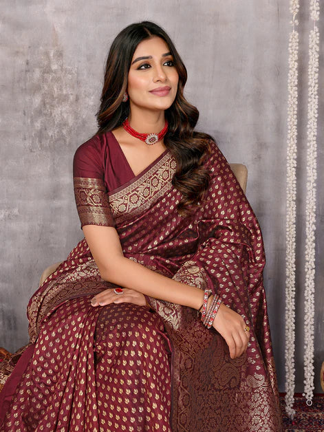 Maroon Silk Blend Ethnic Motifs Woven Design Banarasi Saree with Blouse Piece