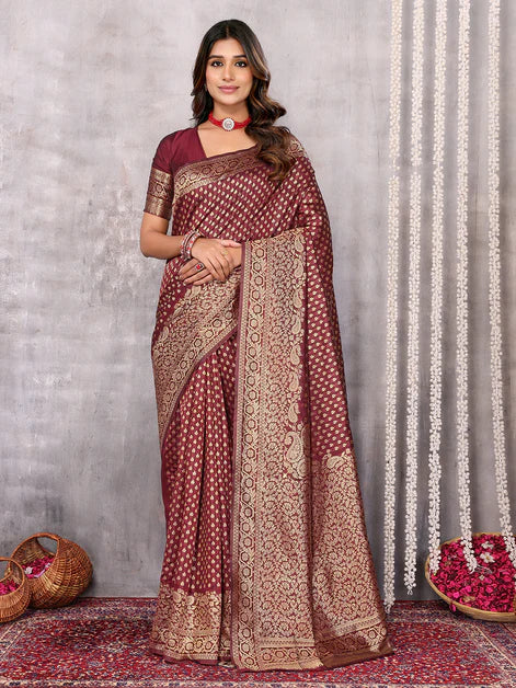 Maroon Silk Blend Ethnic Motifs Woven Design Banarasi Saree with Blouse Piece