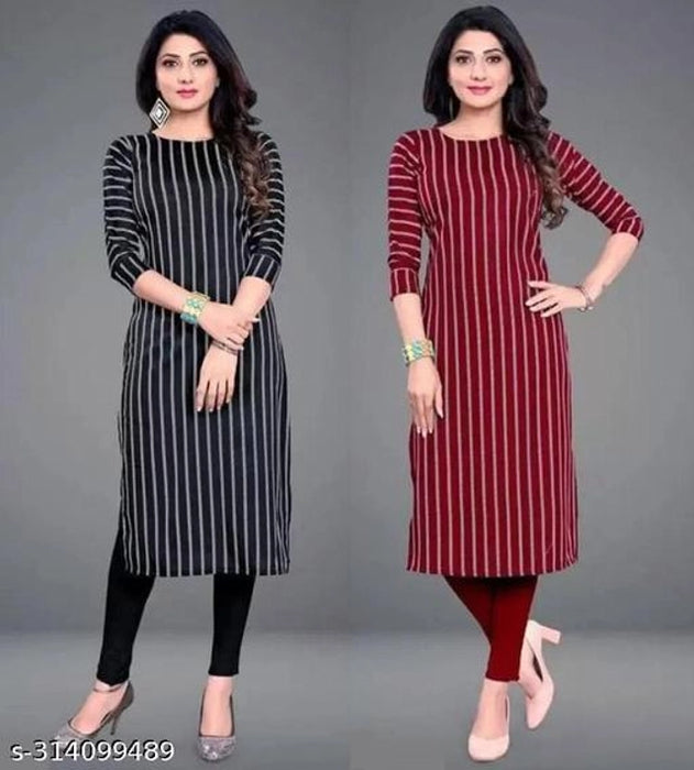 Crepe Striped Kurti for Women (Black & Red, S) (Pack of 2)