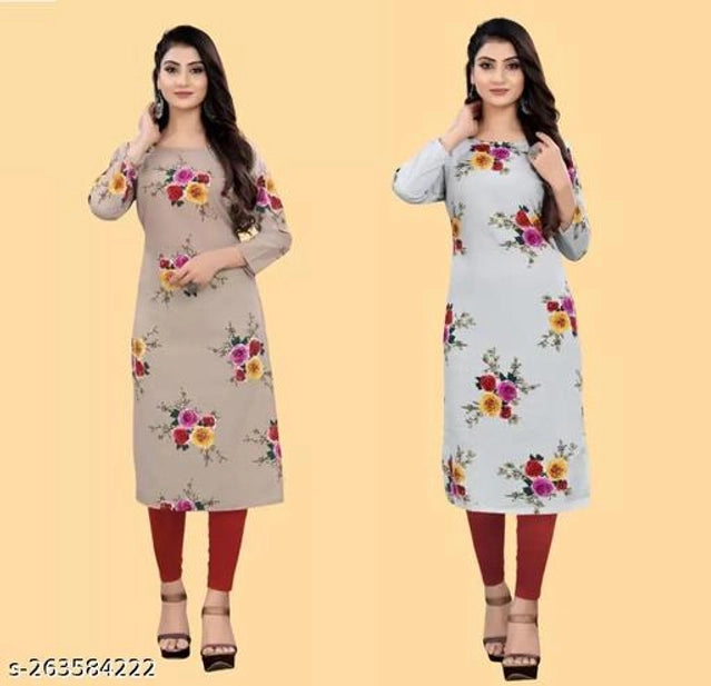 Crepe Printed Kurti for Women (Brown & Sky Blue, S) (Pack of 2)