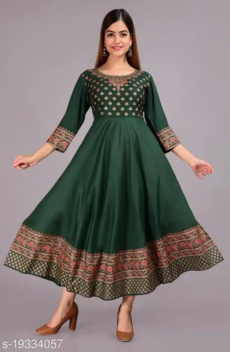 Rayon Printed Anarkali Kurti for Women (Green, S)