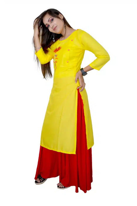 Viscose Rayon Embroidered Kurti for Women (Yellow, S)