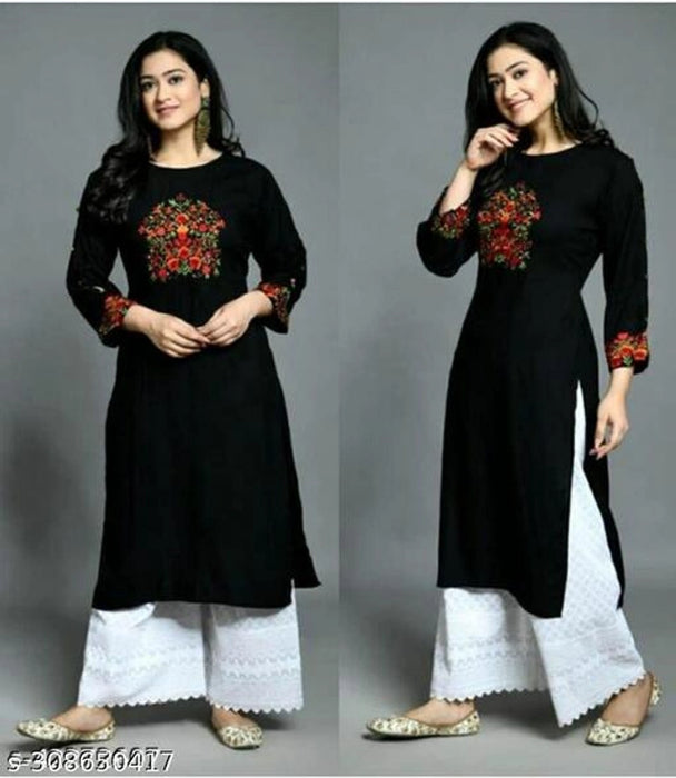 Rayon Embroidered Kurti for Women (Black, S)