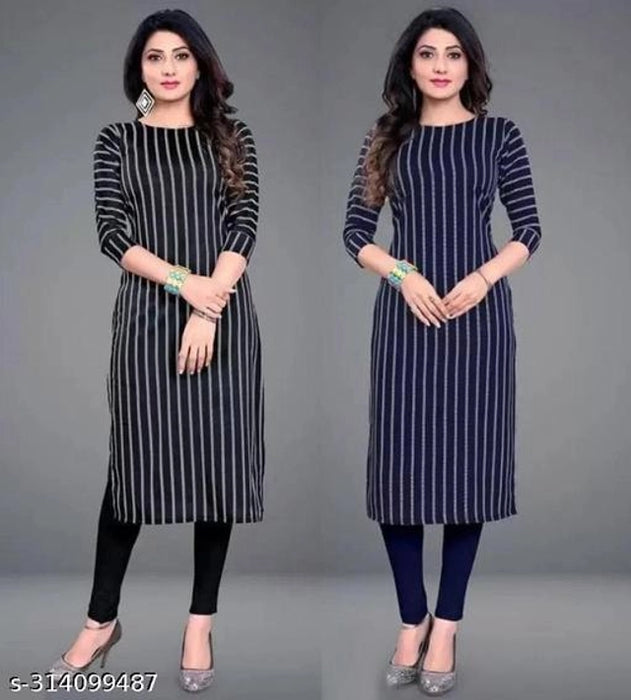 Crepe Striped Kurti for Women (Black & Blue, S) (Pack of 2)