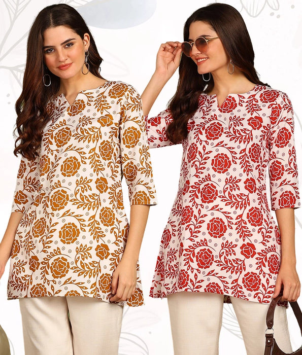 Rayon Printed Short Kurti for Women (Mustard & Red, S) (Pack of 2)