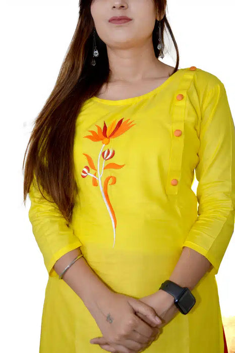 Viscose Rayon Embroidered Kurti for Women (Yellow, S)