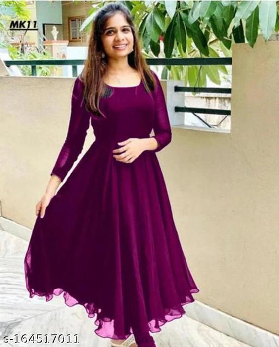 Georgette Solid Anarkali Kurti for Women (Purple, M)